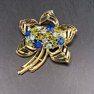Blue Rhinestone Leaf Vtg Brooch Pin Gold Tone J163